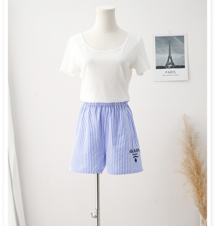 White fashion T-shirt summer stripe shorts 2pcs set
