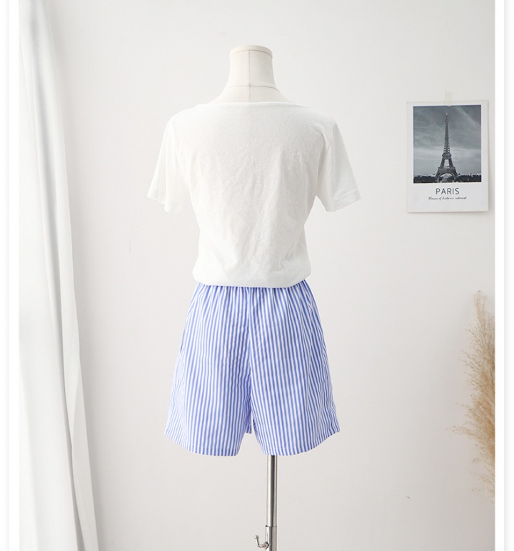 White fashion T-shirt summer stripe shorts 2pcs set