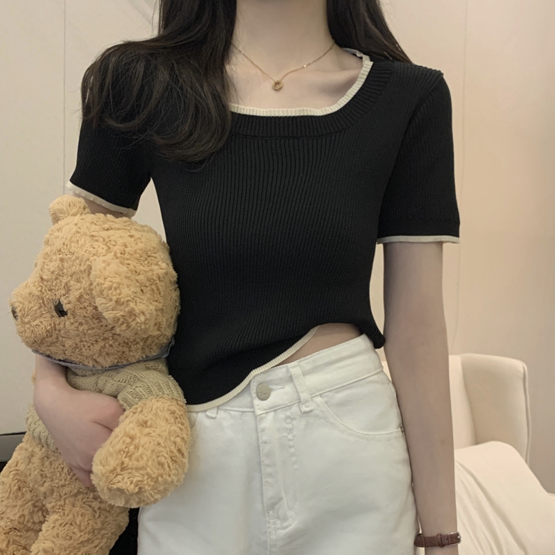 Short sleeve square collar Korean style tops for women