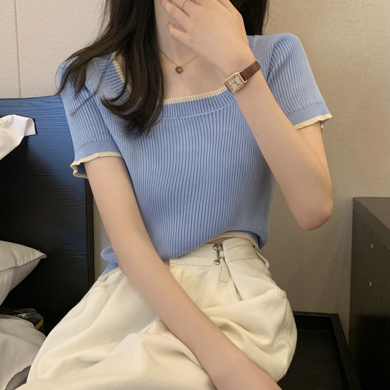 Short sleeve square collar Korean style tops for women