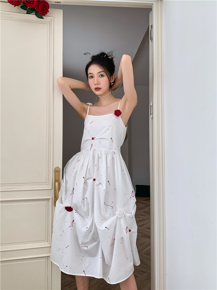 White unique strap dress pinched waist artistic dress