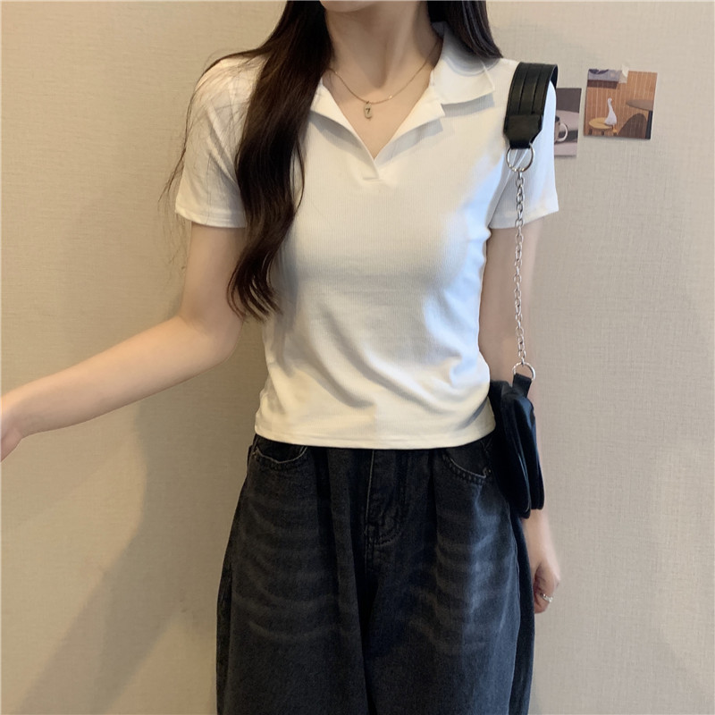 Pure cotton V-neck tops Korean style summer T-shirt