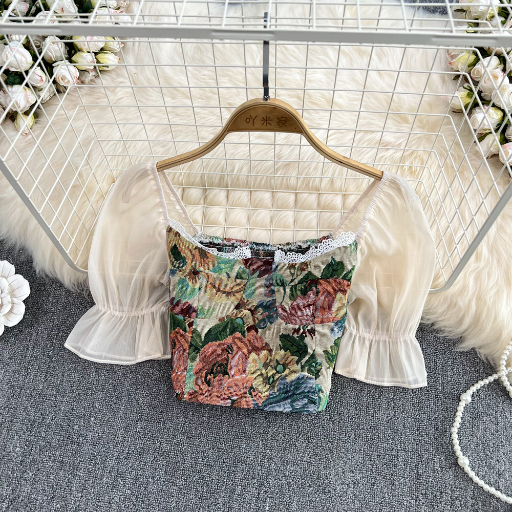 Slim square collar tops summer printing shirt for women
