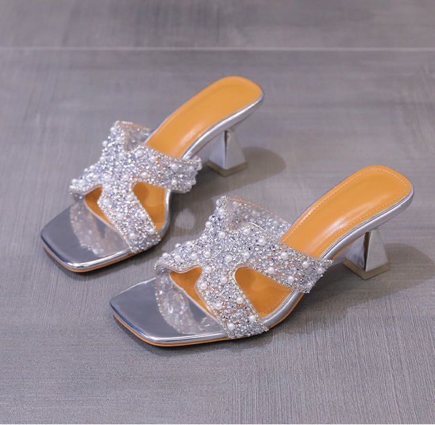 Pearl crystal slippers summer high-heeled shoes for women