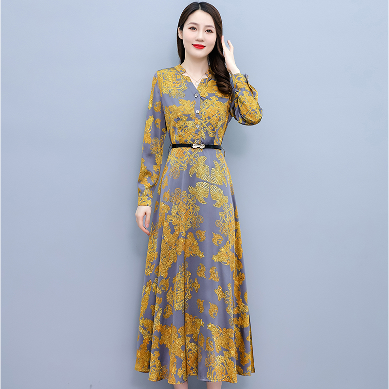 Satin printing long sleeve dress autumn refinement long dress