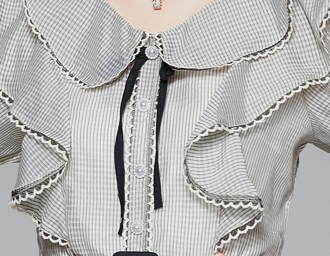 Lotus leaf edges Pseudo-two lace bow puff sleeve dress