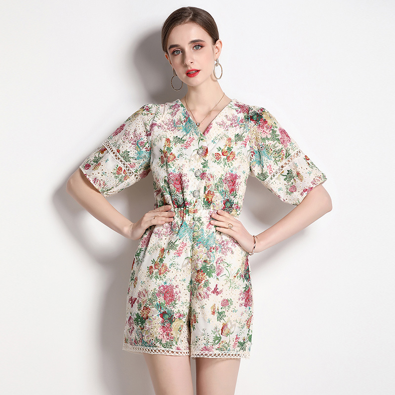 Vacation embroidered flowers hollow jumpsuit for women