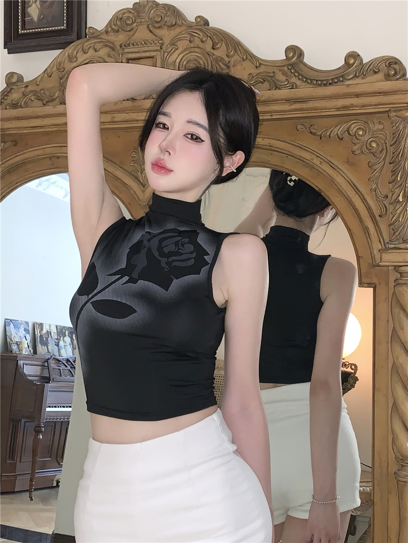 Rose printing short tops slim all-match vest for women
