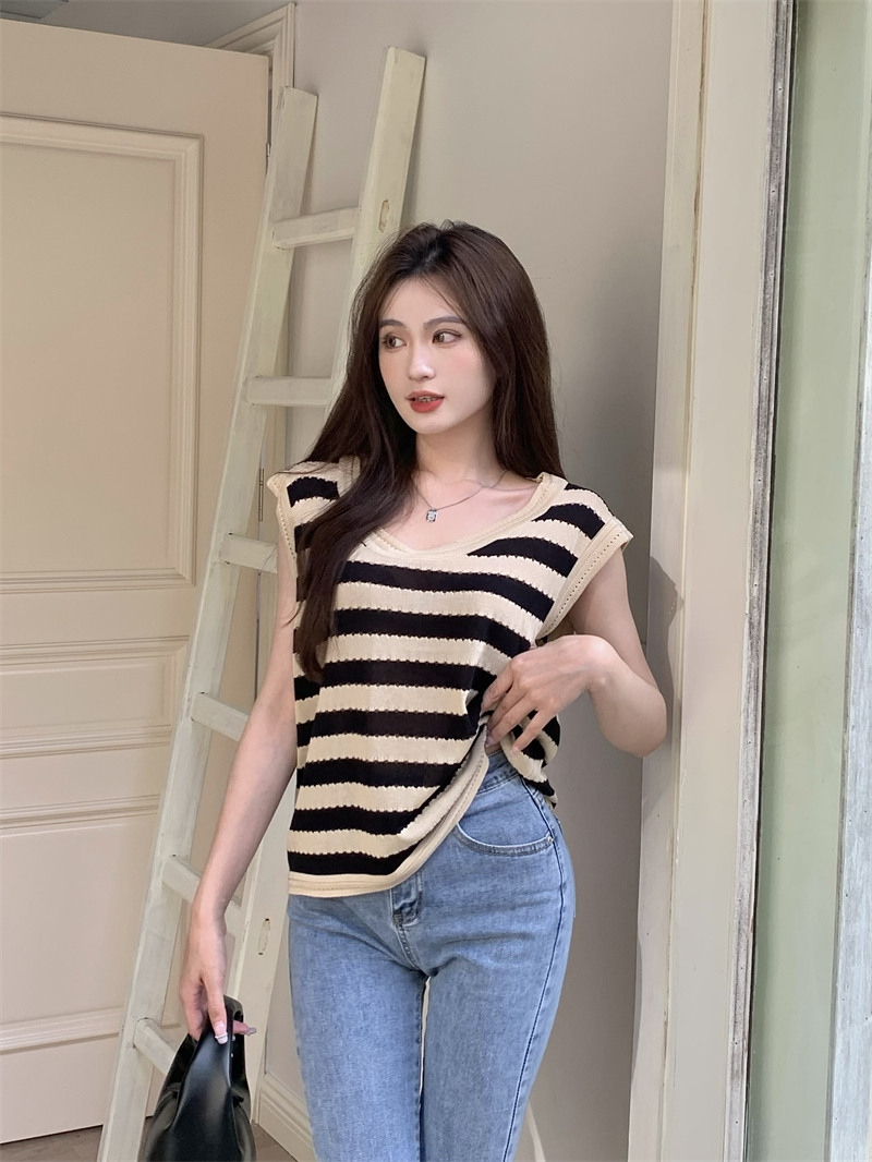 Knitted Korean style hollow vest stripe loose tops