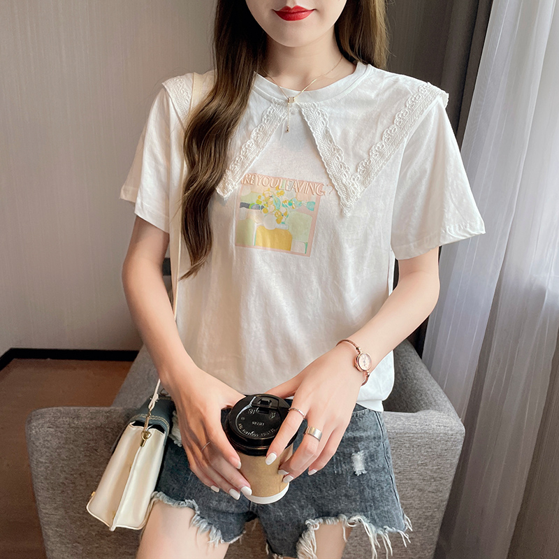 Summer loose T-shirt doll collar lace tops for women