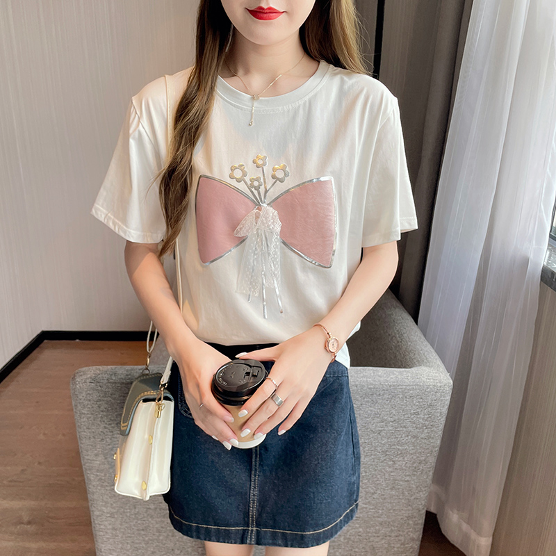 Loose white tops bow short sleeve T-shirt for women