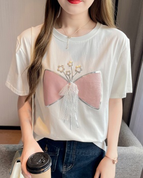 Loose white tops bow short sleeve T-shirt for women