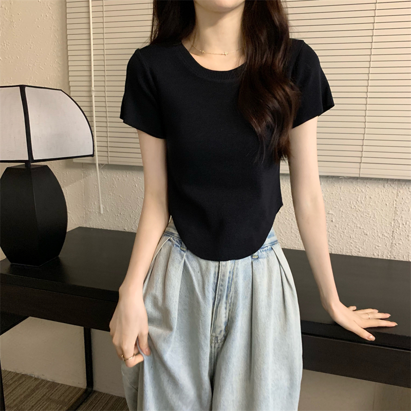 Summer knitted short round neck pure slim tops for women