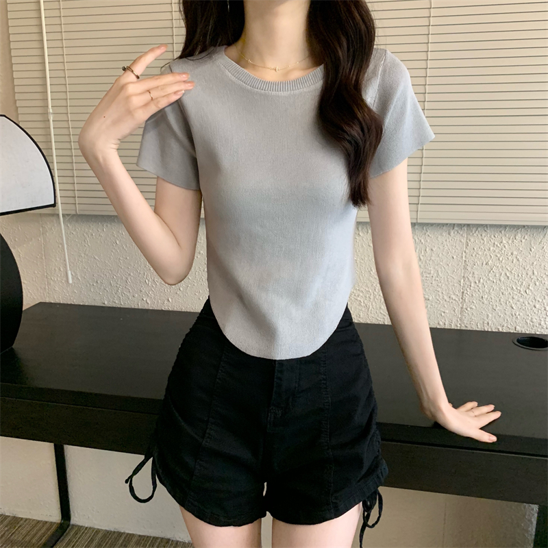 Summer knitted short round neck pure slim tops for women