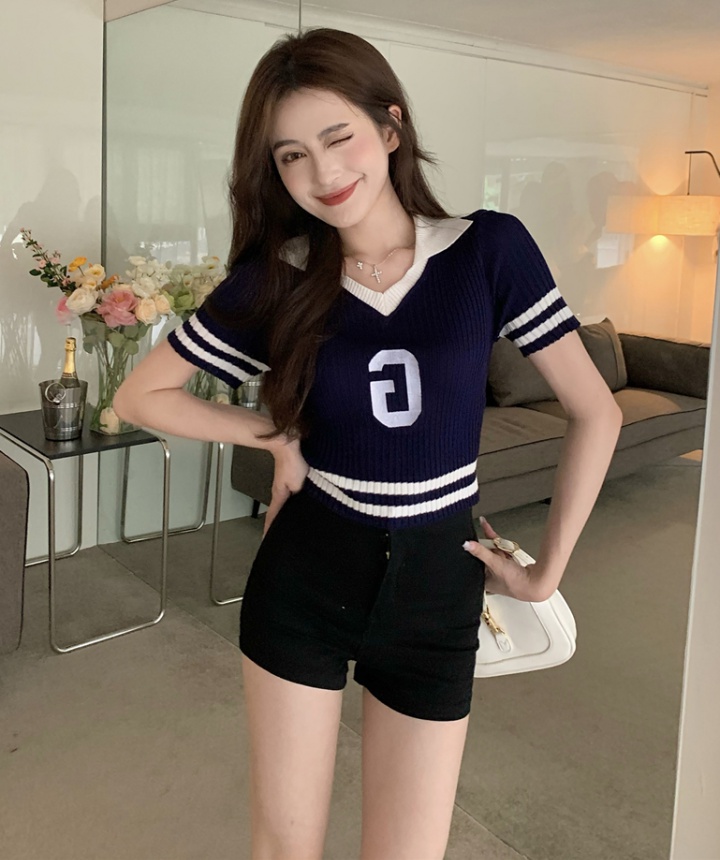Knitted college style slim short tops for women