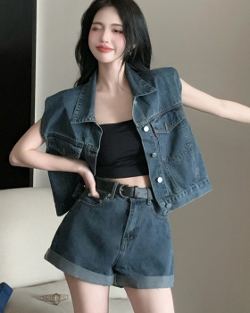 Fashion all-match short jeans lapel waistcoat 2pcs set