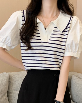 Puff sleeve short sleeve stripe Korean style tops
