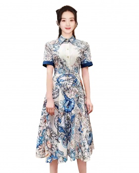 Embroidery short sleeve long printing dress