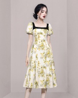 Summer square collar printing France style puff sleeve dress