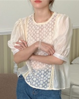 Round neck Korean style short sleeve splice lace shirt