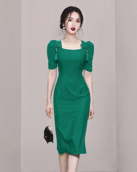 Puff sleeve green pinched waist square collar slim dress