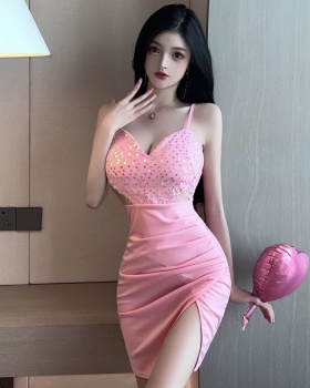 High slit package hip sequins sexy splice fashion dress