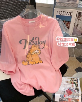 Pink all-match T-shirt loose cartoon tops for women