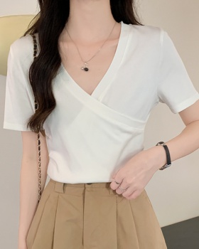 Irregular fold all-match tops Korean style pure T-shirt for women