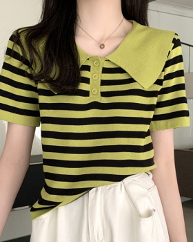 Doll collar stripe short sleeve knitted tops for women