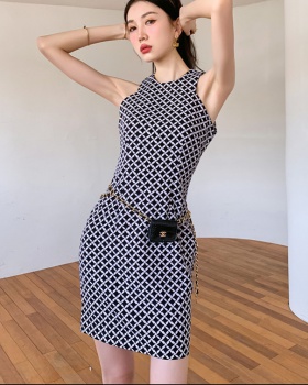 Small round collar summer houndstooth dress for women