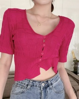 Plaid summer slim cardigan pure pinched waist knitted T-shirt