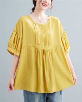 Pure summer cotton linen tops round neck loose T-shirt