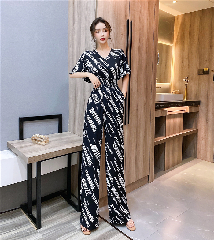 Pinched waist printing jumpsuit summer long pants