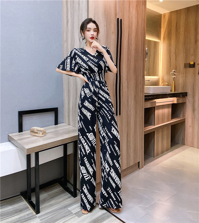 Pinched waist printing jumpsuit summer long pants