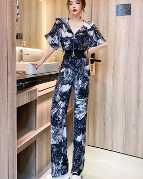 Zip slim fashion tops summer printing long pants a set