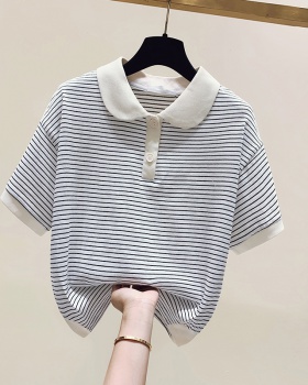 Lapel short sleeve tops stripe summer T-shirt for women