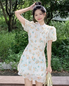 Floral Chinese style dress summer puff sleeve cheongsam
