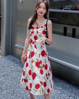Rose red long dress floral strap dress for women