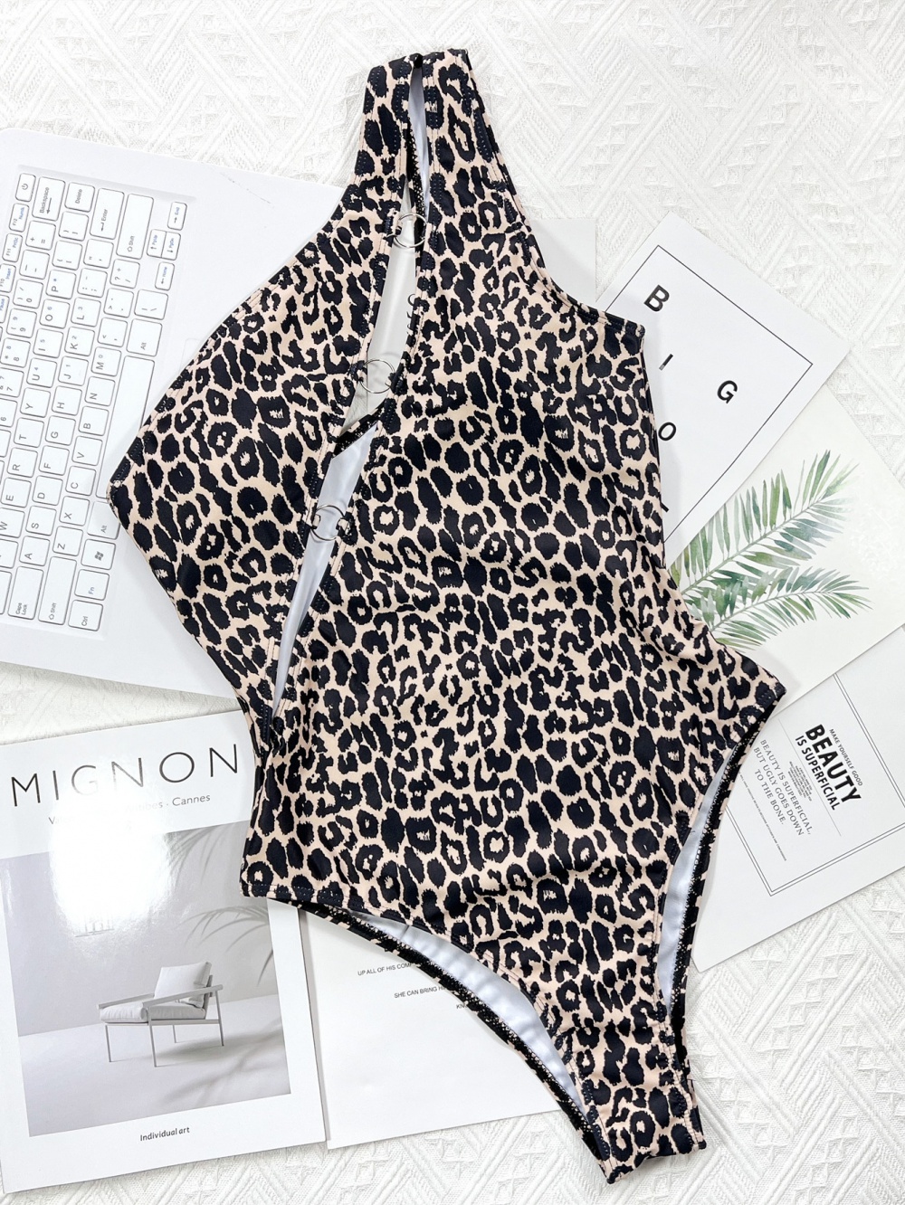 Hollow leopard bikini bandage conjoined swimwear