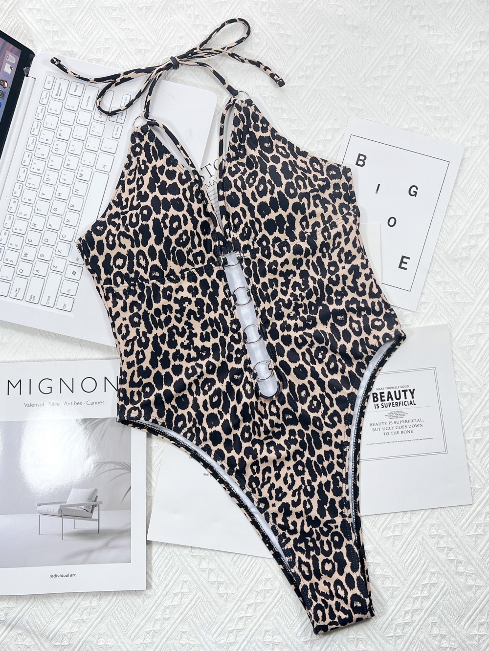 Bikini hollow bandage leopard conjoined swimwear