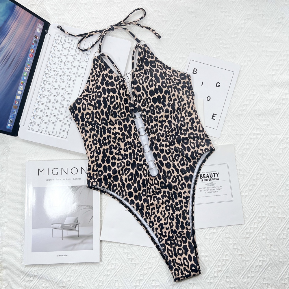 Bikini hollow bandage leopard conjoined swimwear