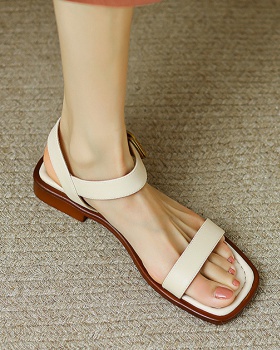 Buckle open toe shoes summer flat leather shoes for women