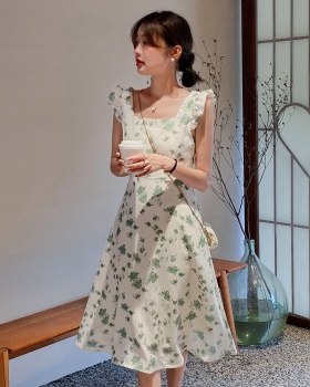 Summer colors floral refreshing pinched waist green dress