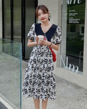 Doll collar Korean style printing slim France style dress