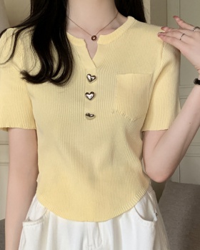 Knitted V-neck Korean style all-match pure tops for women