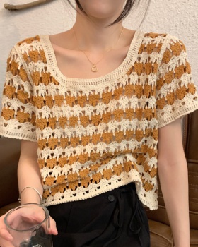 Short sleeve Korean style knitted all-match tops for women