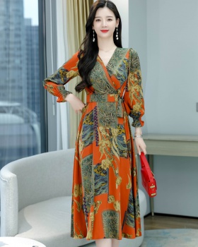 Autumn printing satin pinched waist dress for women