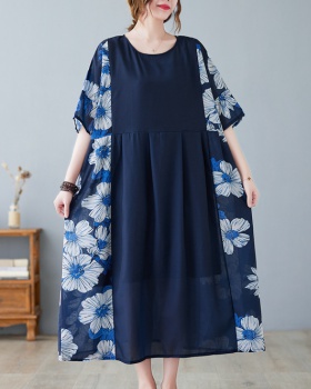 Art colors navy-blue dress V-neck splice long dress