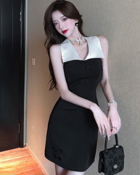 Lapel slim splice cheongsam black-white package hip dress