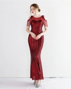 Short sleeve wrapped chest dress sequins mermaid evening dress
